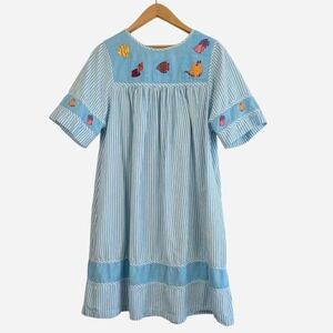 Bechamel Fish Embroidered Blue White Stripe Cotton Dress - Large